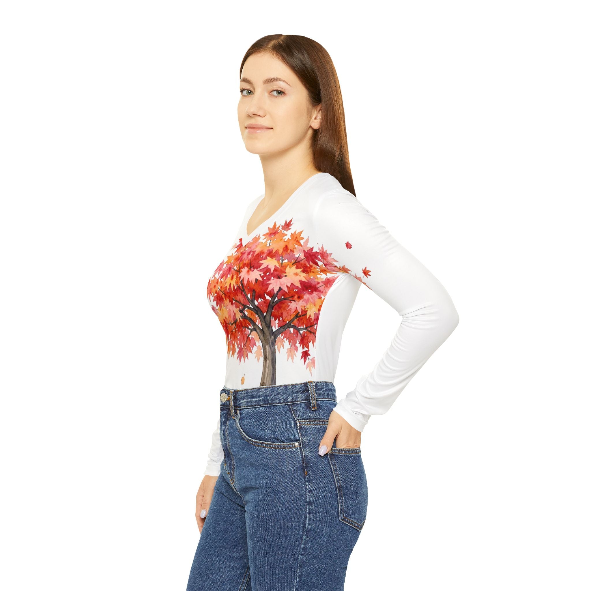 Japanese Maple Colorful Statement Women's Long Sleeve V-Neck Shirt