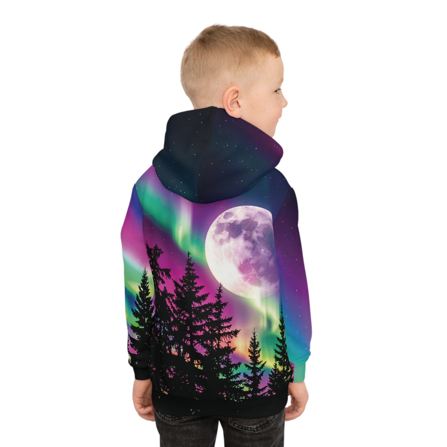 Aurora Neon Moon Children's Hoodie — Bright Night Sky Over Tree Line