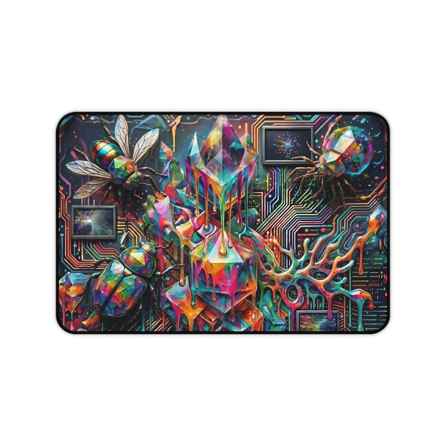 Cyber Psychedelic "Computer Bug" Desk Mat — Crystals, Insects & Circuit Art