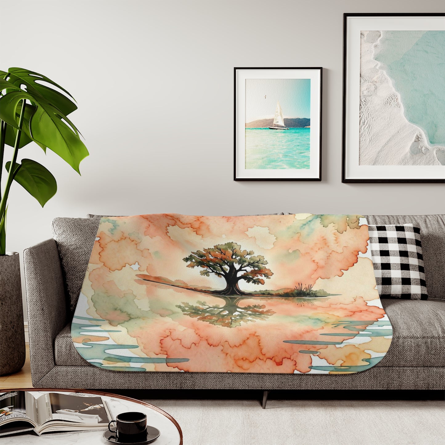 Zen Watercolor Tree  Reflection Sherpa Blanket — Lone Tree Lake Reflection