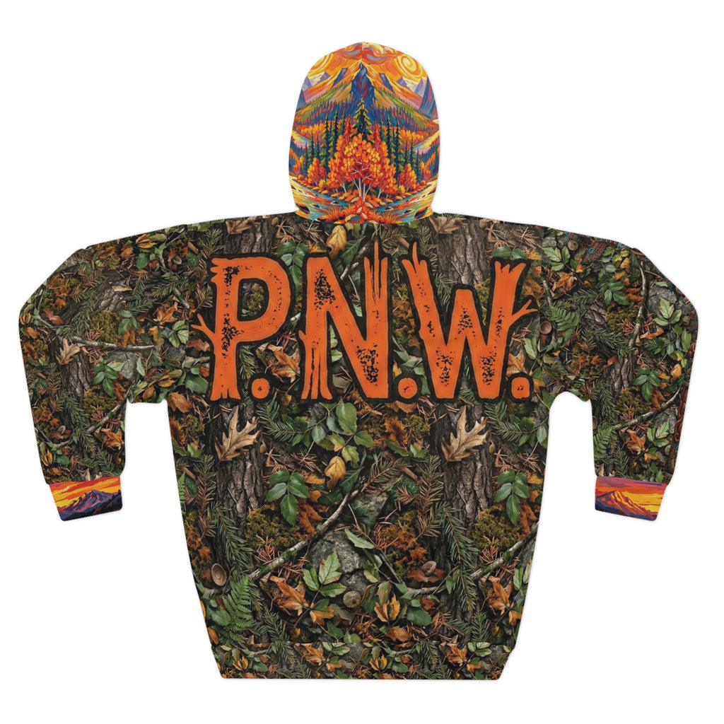 Pacific Northwest Camo Mountain Hoodie — Blaze Orange Hunting Pullover