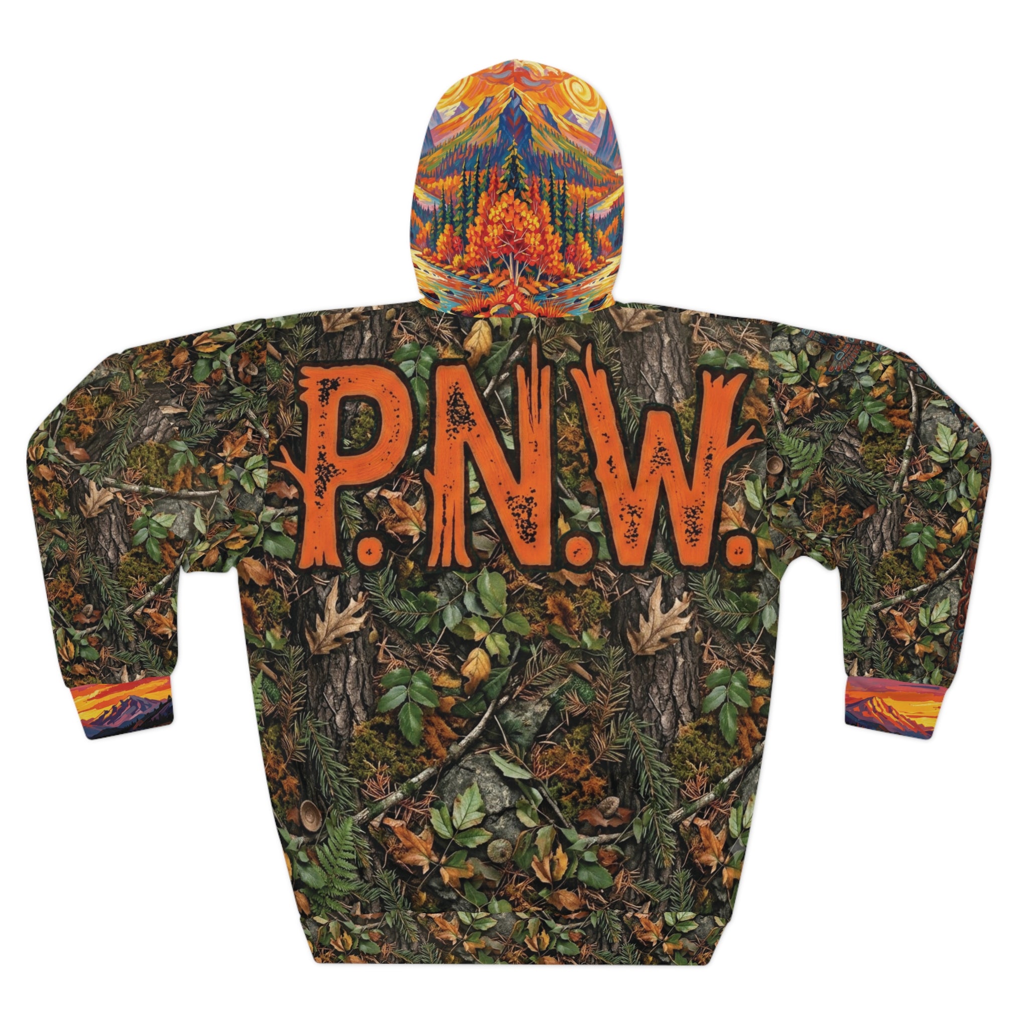 Pacific Northwest Camo Mountain Hoodie — Blaze Orange Hunting Pullover