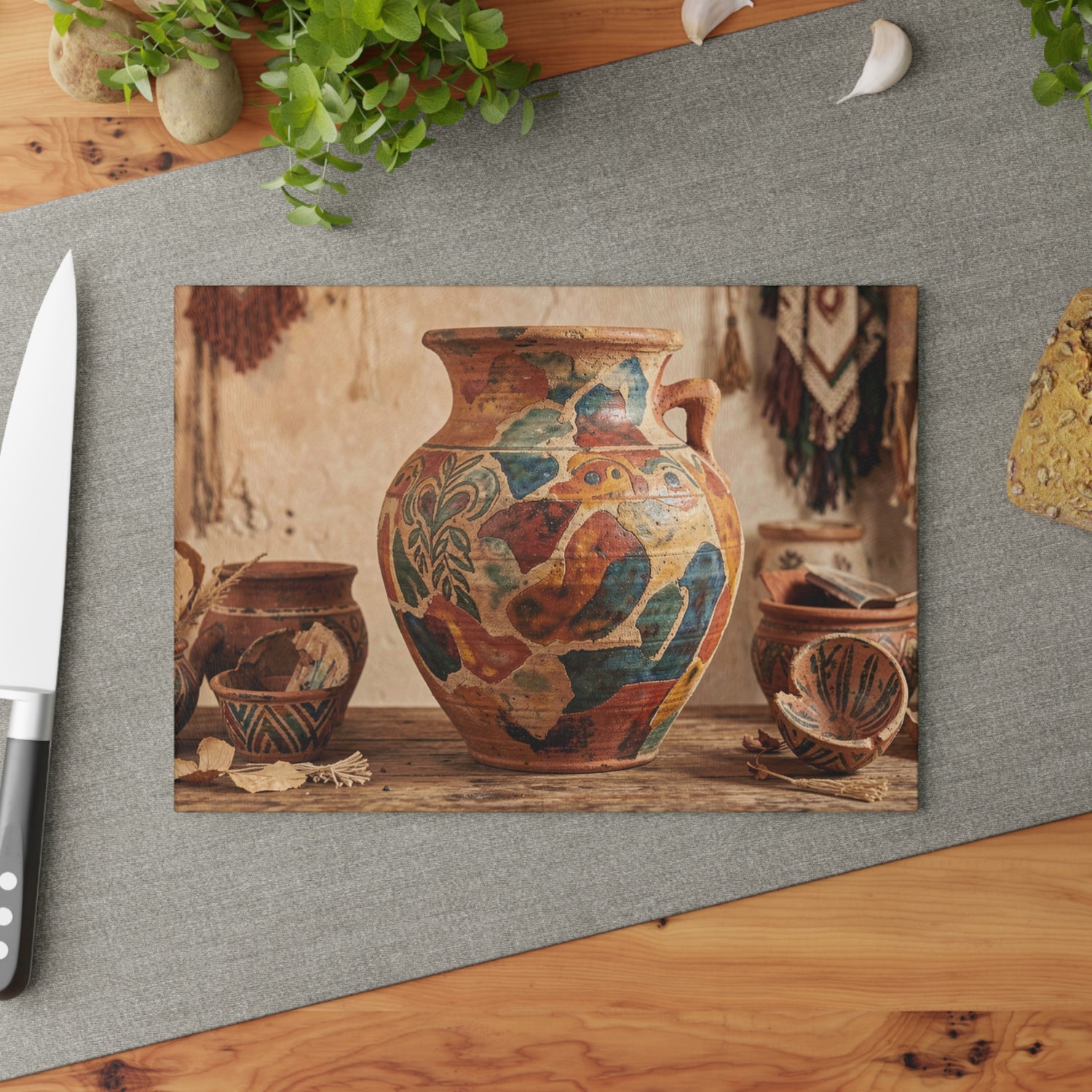 Boho Sunbaked Clay Pitcher Art Glass Cutting Board | Kitchen Countertop Decor