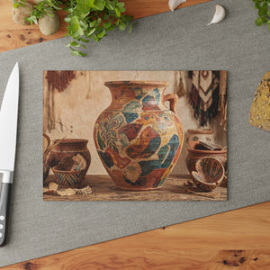 Boho Sunbaked Clay Pitcher Art Glass Cutting Board | Kitchen Countertop Decor