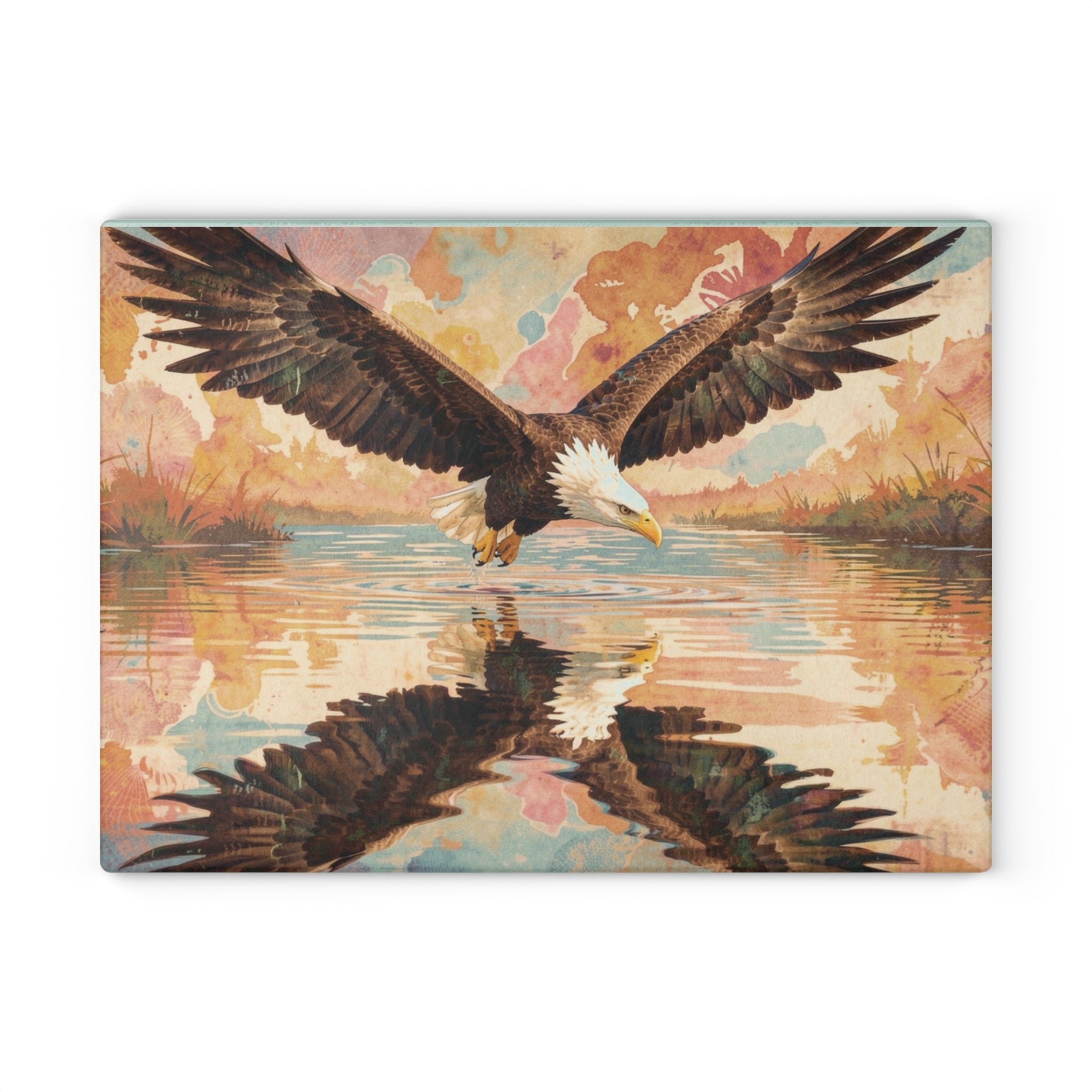 Boho Watercolor Eagle Glass Cutting Board — Swooping Eagle with Reflection