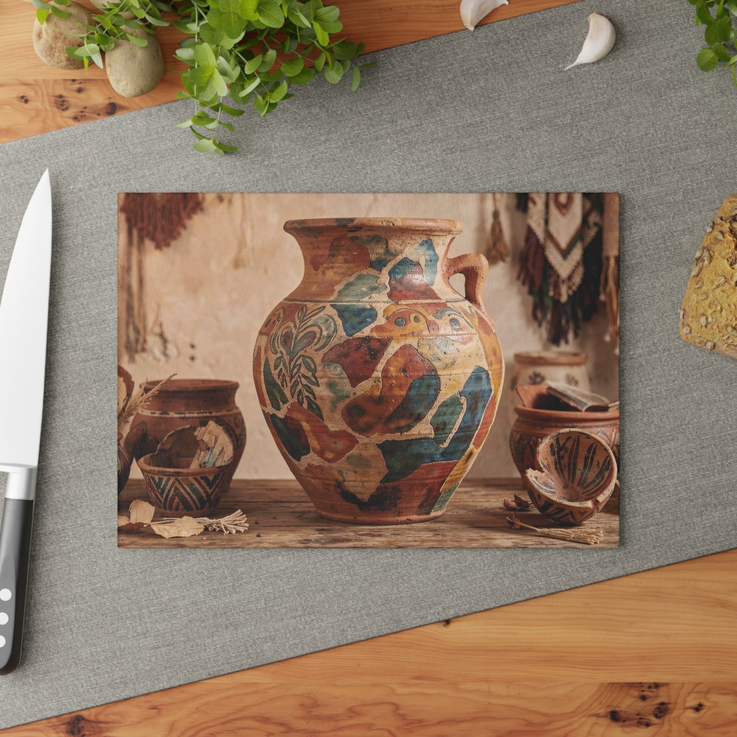 Boho Sunbaked Clay Pitcher Art Glass Cutting Board | Kitchen Countertop Decor