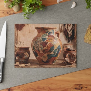 Boho Sunbaked Clay Pitcher Art Glass Cutting Board | Kitchen Countertop Decor