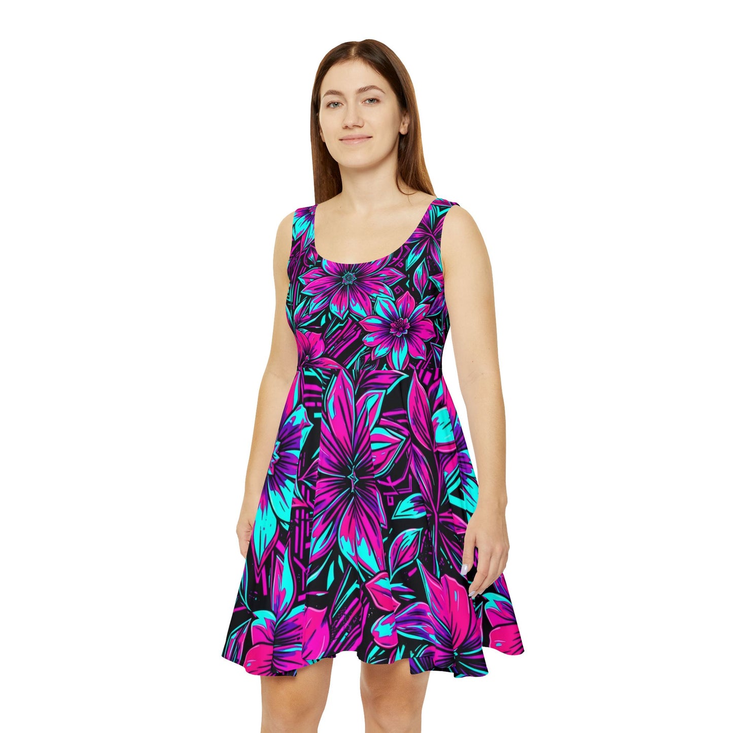 Neon Floral Flared Mini Dress— Bright Breathable Stretchy AOP