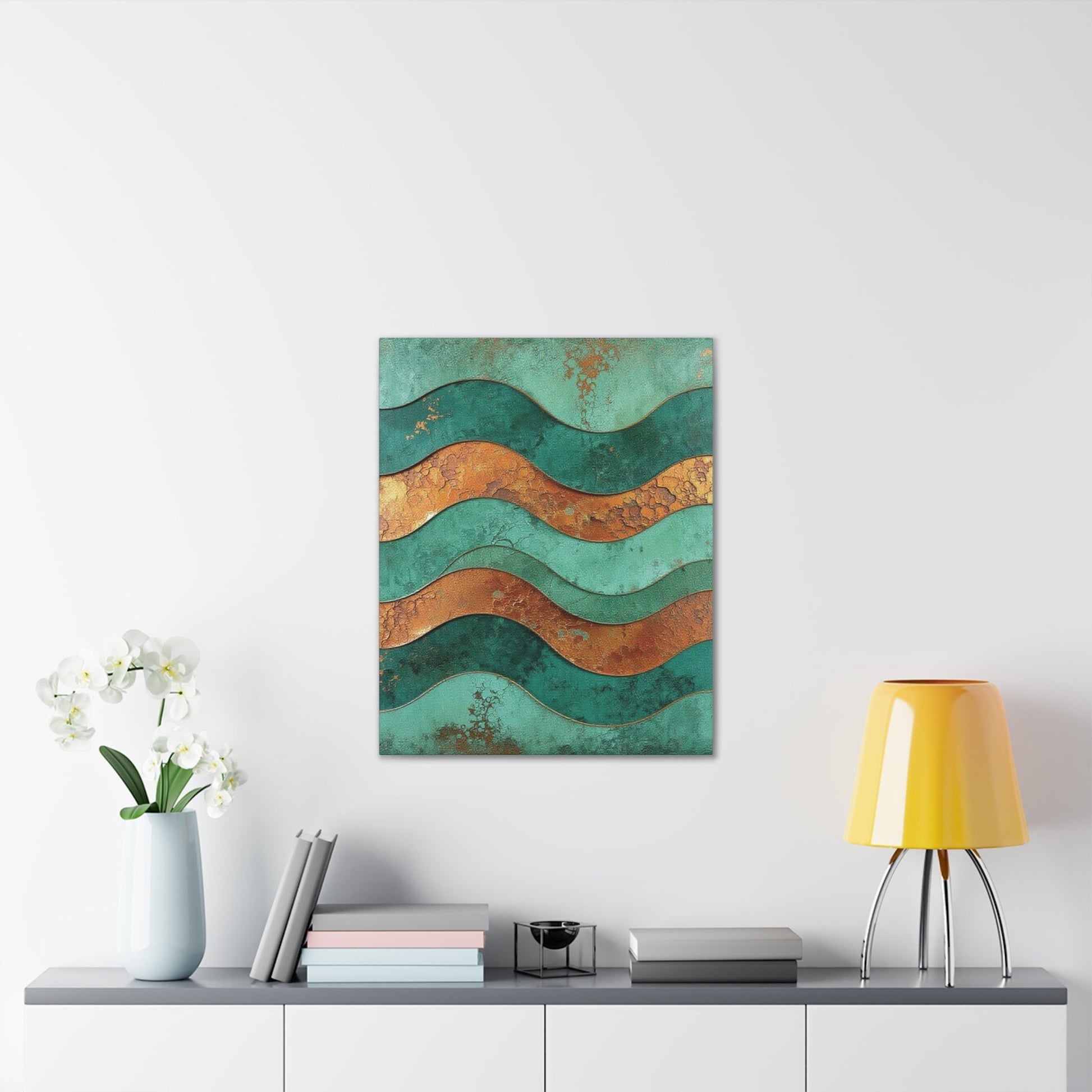 Chromatic abstract canvas art featuring teal and rust copper waves, displayed on a white wall above a modern console.