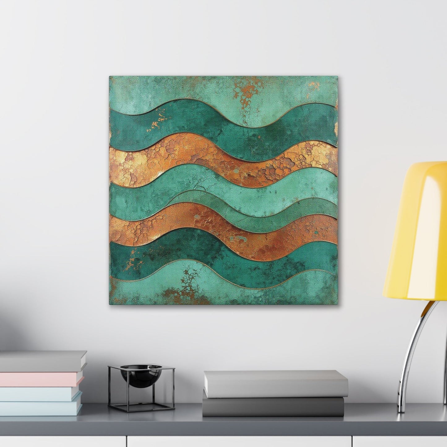 Chromatic abstract canvas art featuring teal and rust copper wave patterns on a pine frame, displayed above a desk.