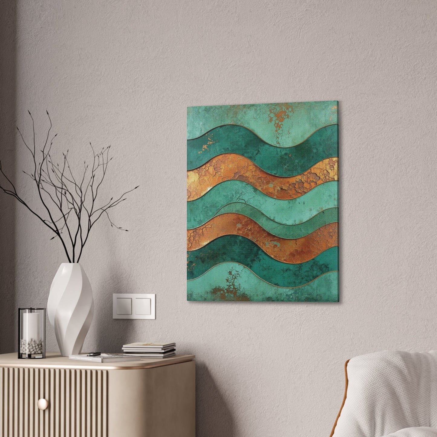 Chromatic abstract canvas art featuring teal and rust copper wave patterns, displayed on a neutral wall above a console.