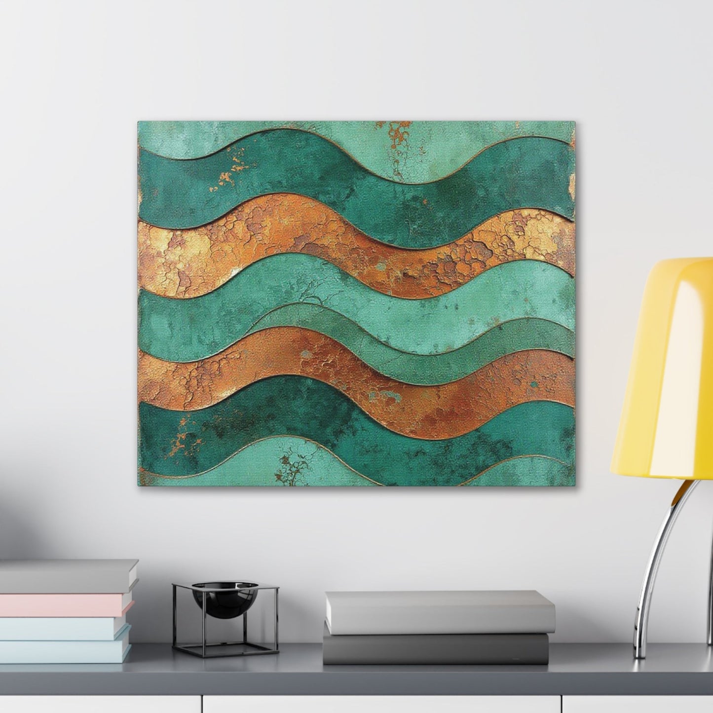 Chromatic abstract canvas art featuring teal and rust copper waves with a weathered, textured finish on a pine frame.
