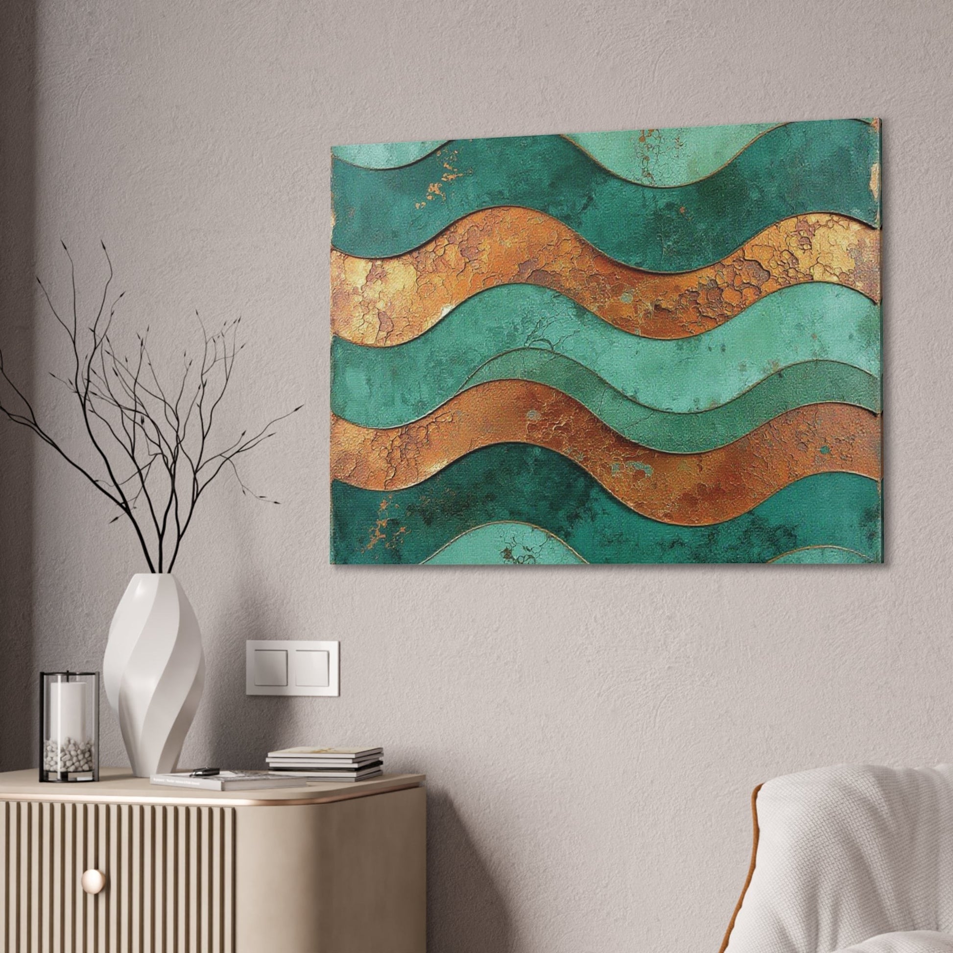 Chromatic abstract canvas art featuring teal and rust copper waves with a weathered texture on a pine frame.