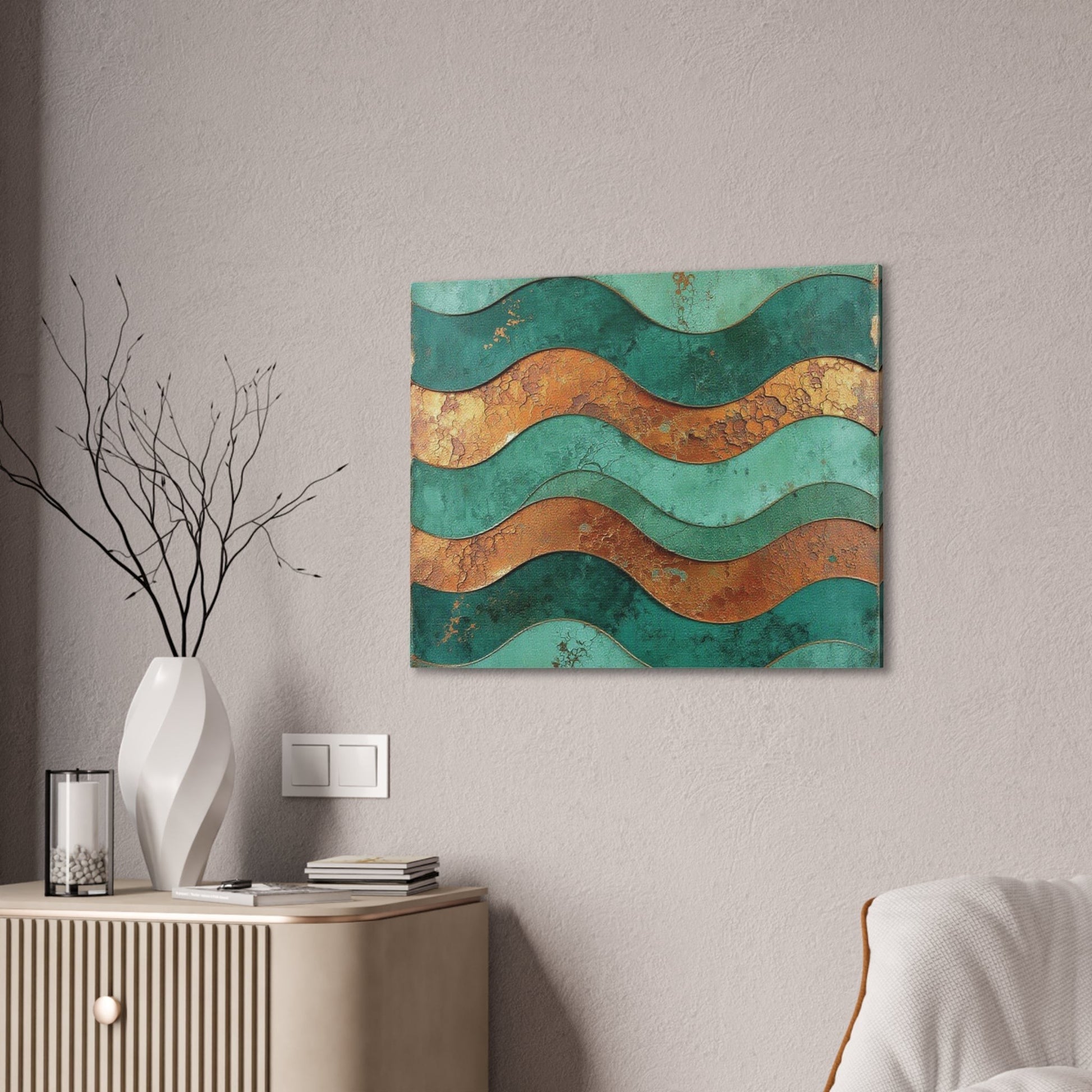 Chromatic abstract canvas art featuring teal and rust copper waves with a weathered texture on a modern living room wall.