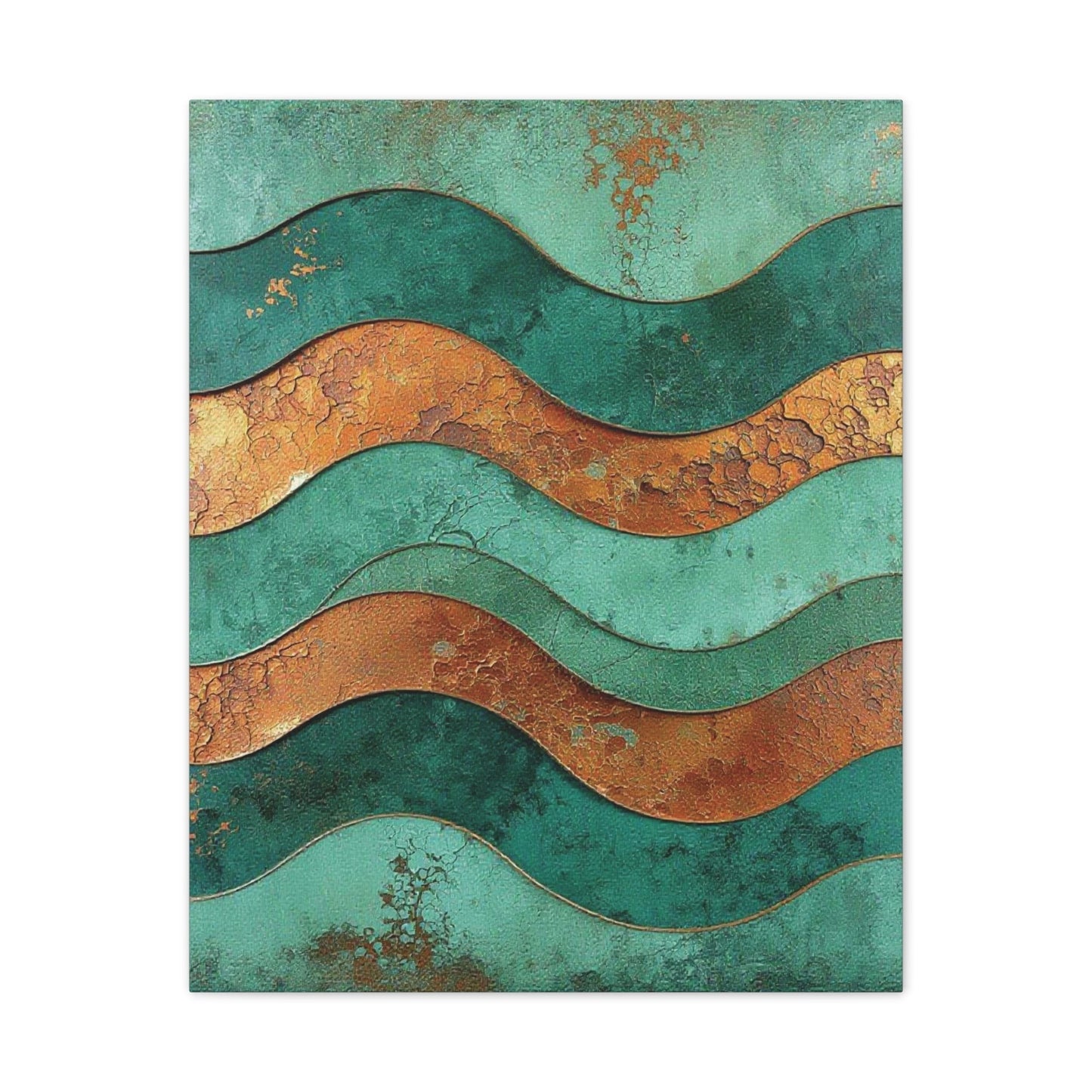 Chromatic abstract canvas art featuring layered teal and oxidized copper waves with a weathered, textured finish.