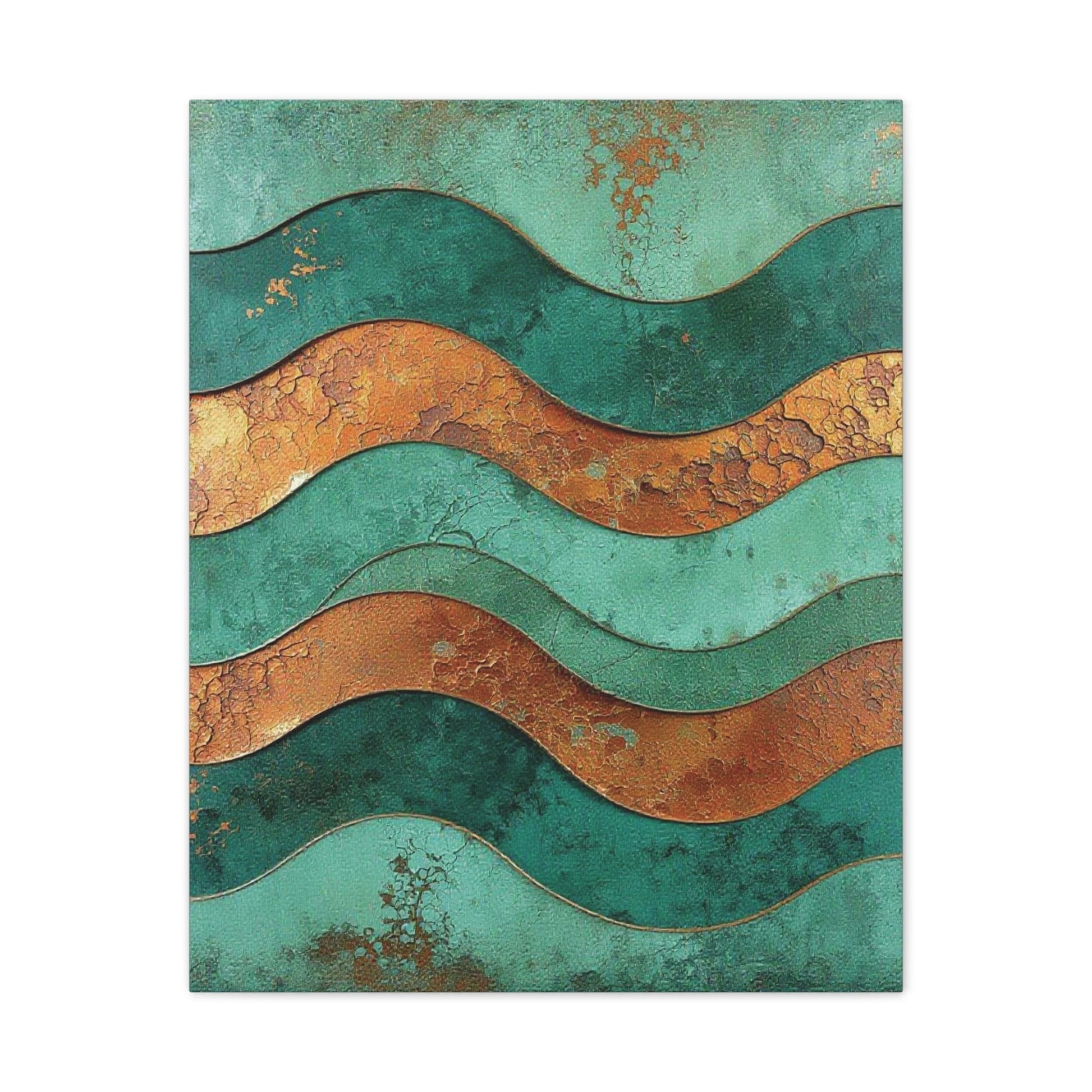 Chromatic abstract canvas art featuring layered teal and oxidized copper waves with a weathered, textured finish.