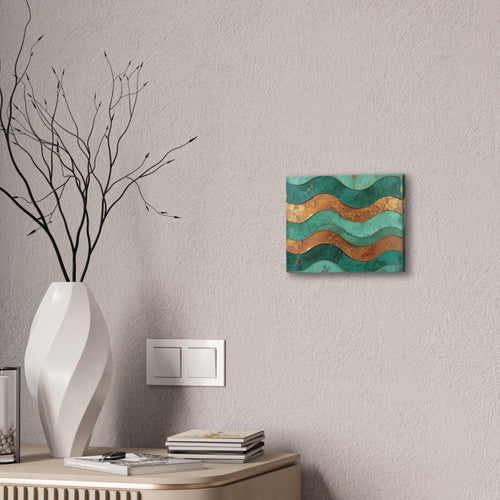 Chromatic abstract canvas art featuring teal and rust copper waves, displayed on a wall above a modern console table.