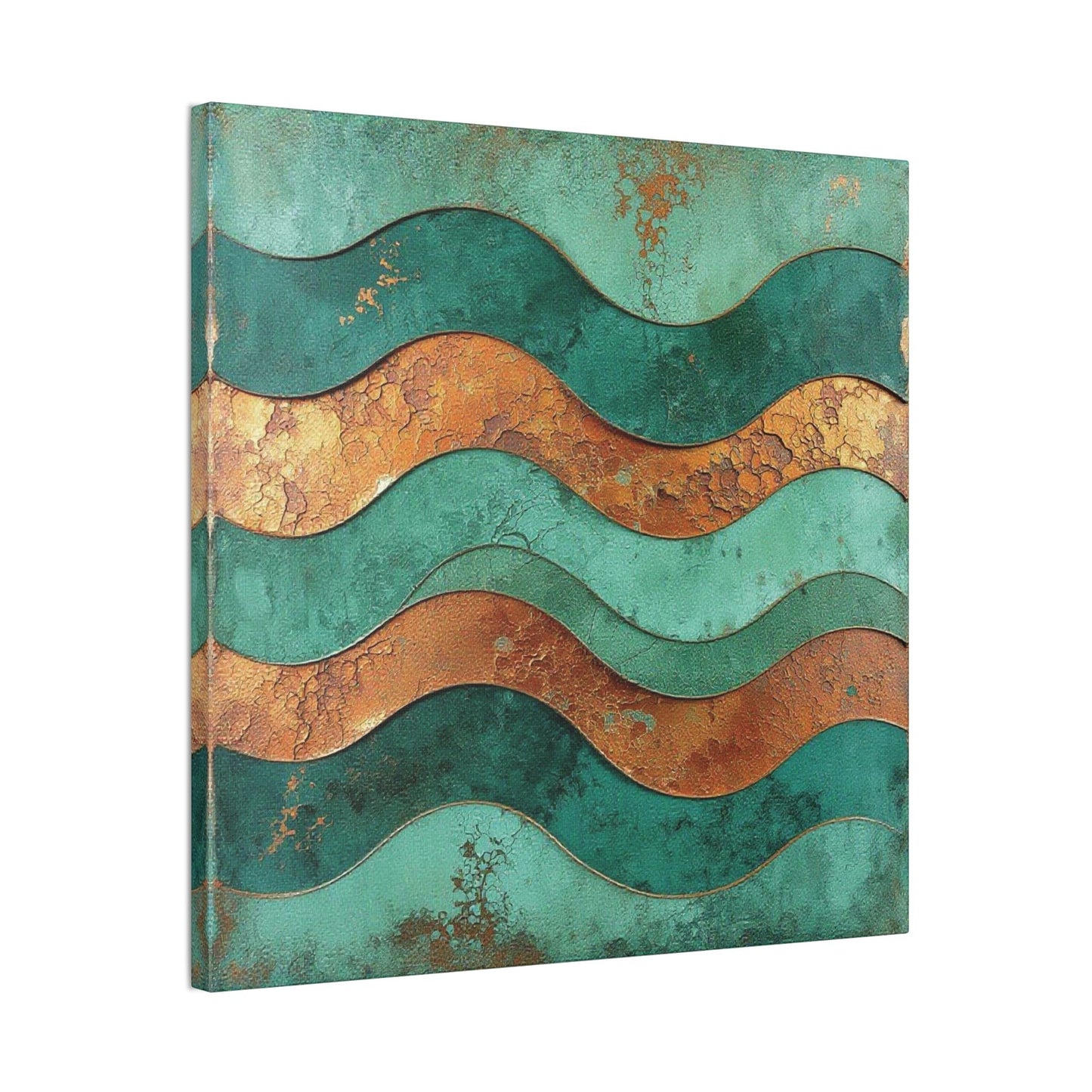 Chromatic abstract canvas art featuring layered teal and oxidized copper waves with a weathered, textured finish.