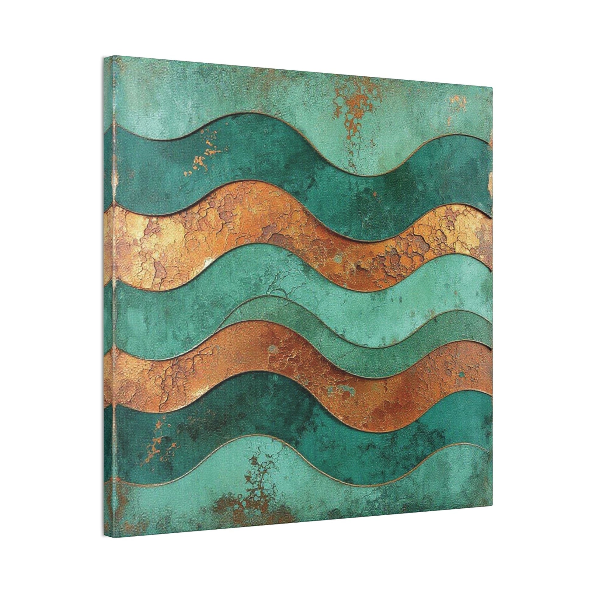 Chromatic abstract canvas art featuring layered teal and oxidized copper waves with a weathered, textured finish.