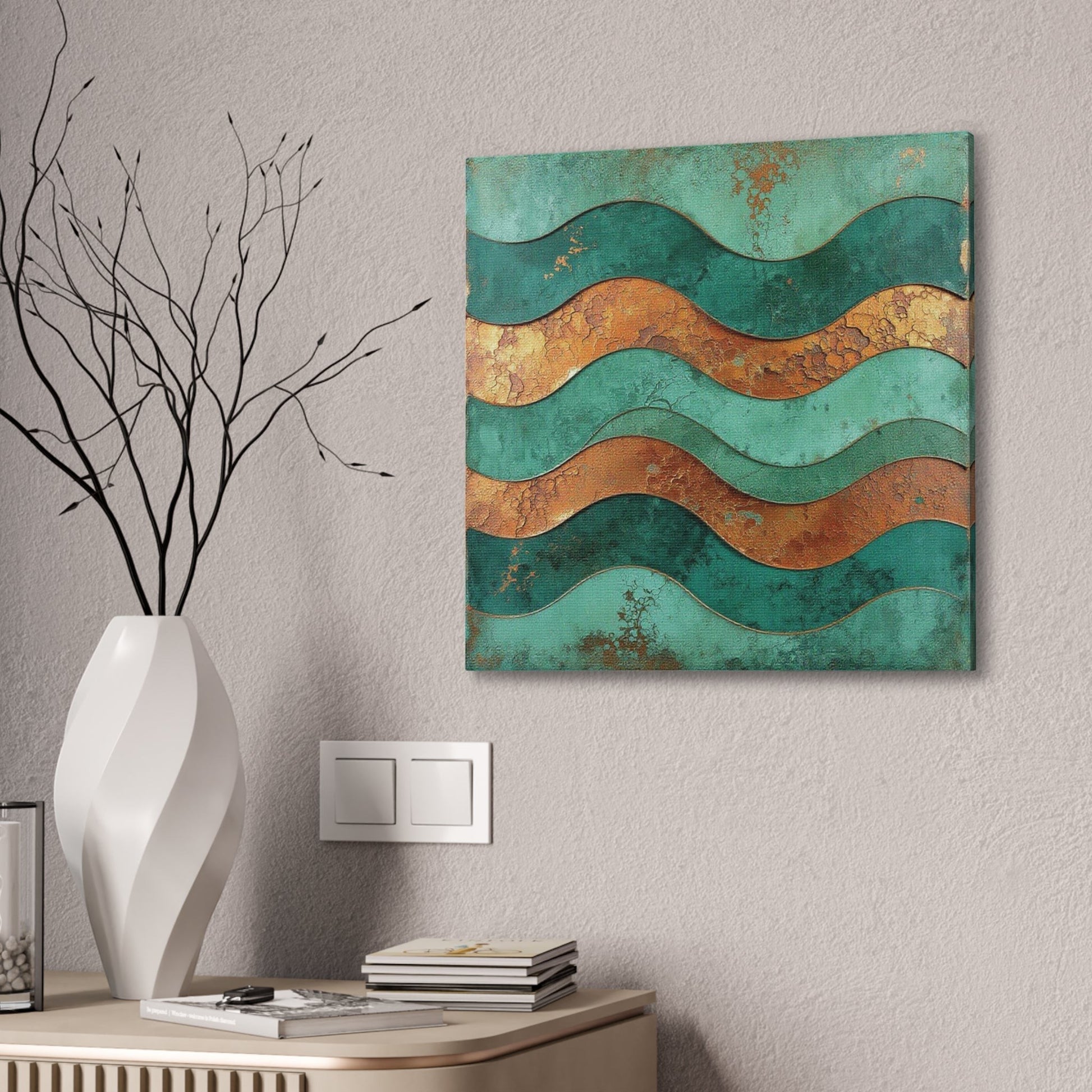 Chromatic abstract canvas art featuring teal and rust copper wave patterns, displayed on a wall above a modern console.