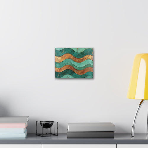 Chromatic abstract canvas art featuring teal and rust copper wave patterns, displayed on a white wall above a desk.