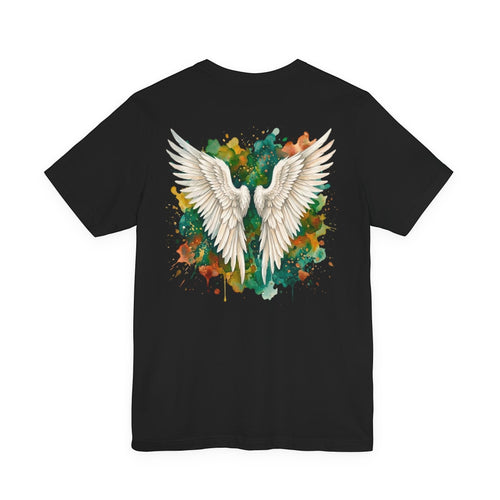 Chromatic black cotton t-shirt featuring a vibrant watercolor angel wings graphic on the back.