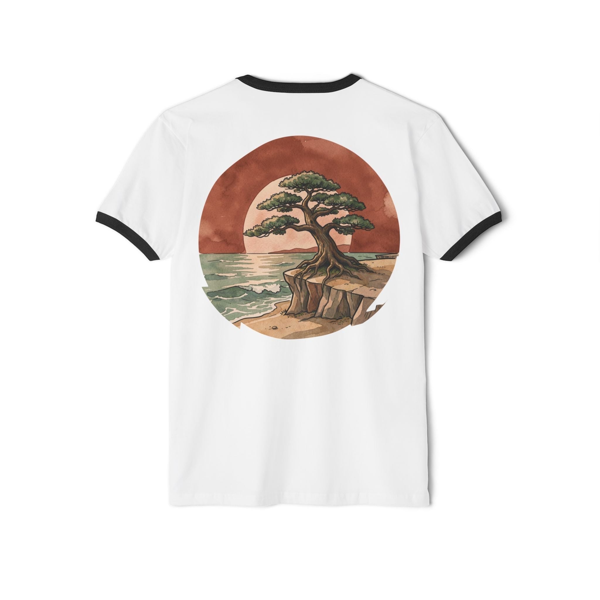 Chromatic white ringer tee featuring a circular watercolor print of a bonsai tree on a cliff overlooking the ocean.