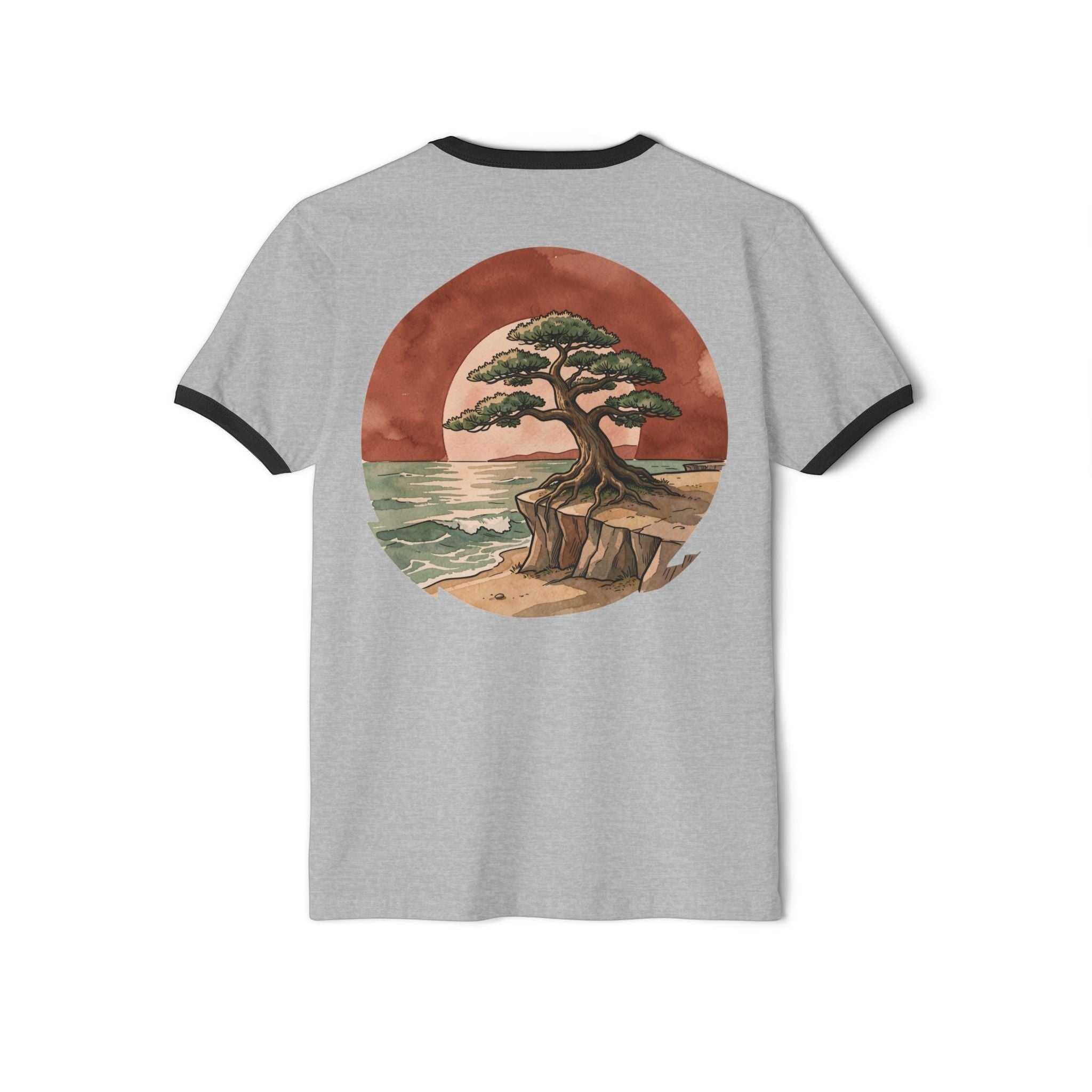 Chromatic grey ringer t-shirt featuring a circular watercolor print of a bonsai tree on a cliff overlooking the sea.