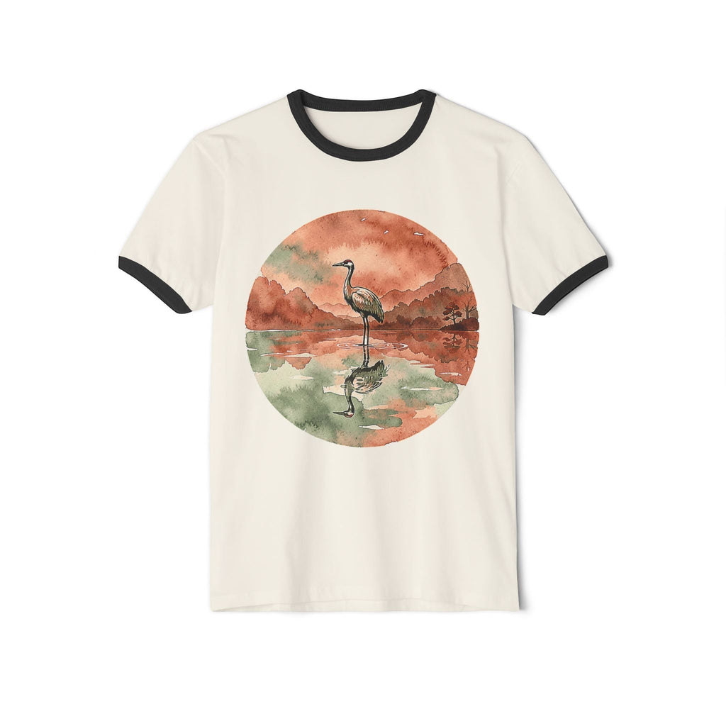 Chromatic retro ringer tee in off-white cotton featuring a circular watercolor print of a crane reflecting in a pond.