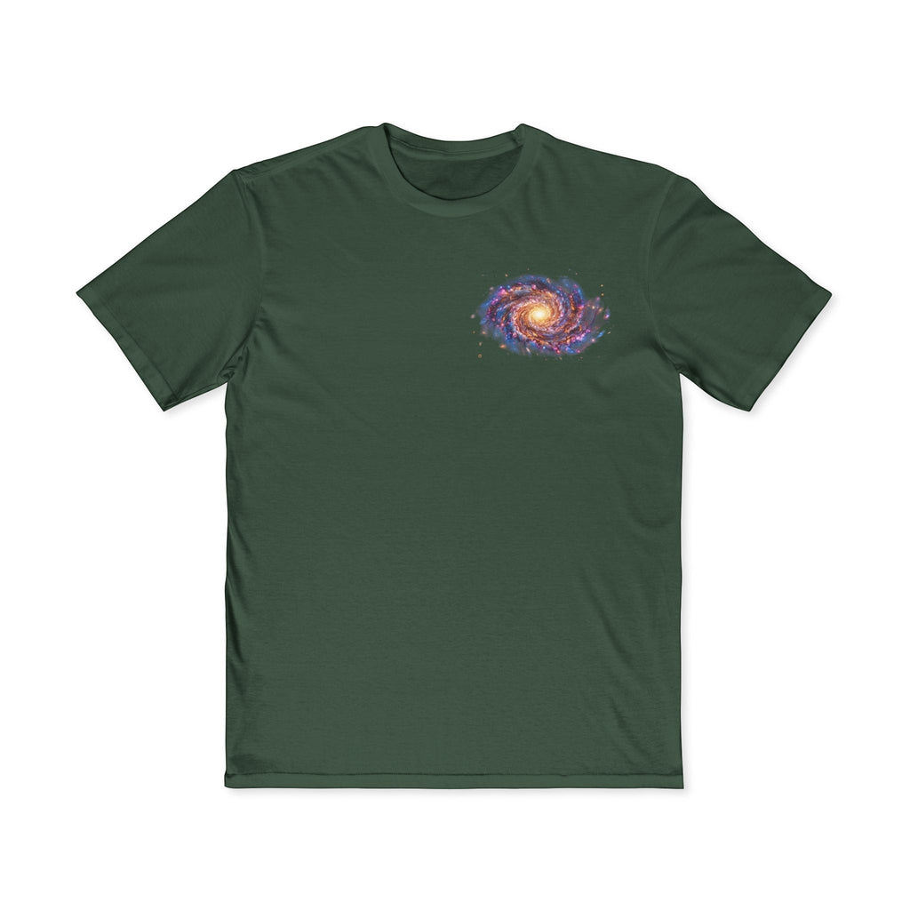 Chromatic dark green cotton t-shirt featuring a small, vibrant spiral galaxy graphic on the left chest.