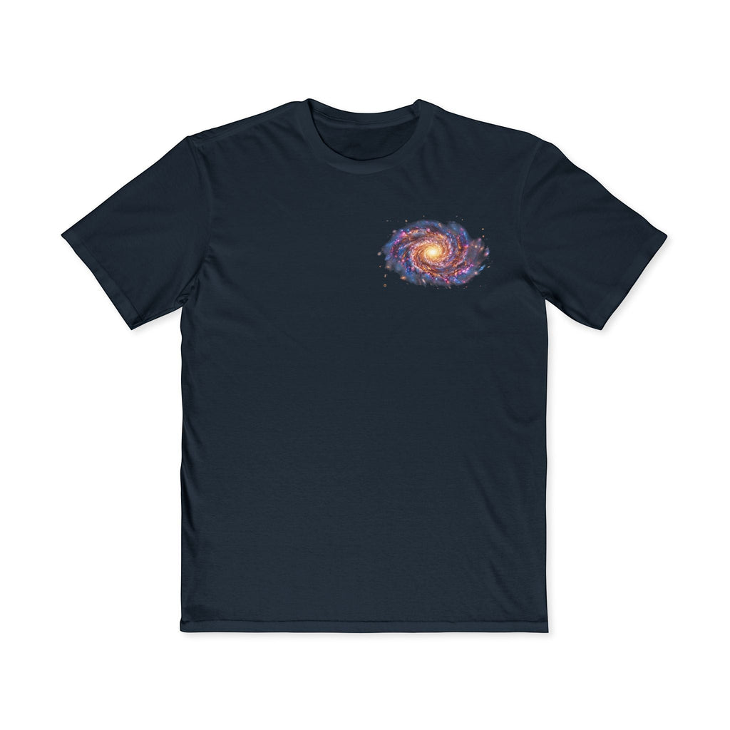Chromatic navy blue cotton t-shirt featuring a small, vibrant spiral galaxy graphic on the left chest.