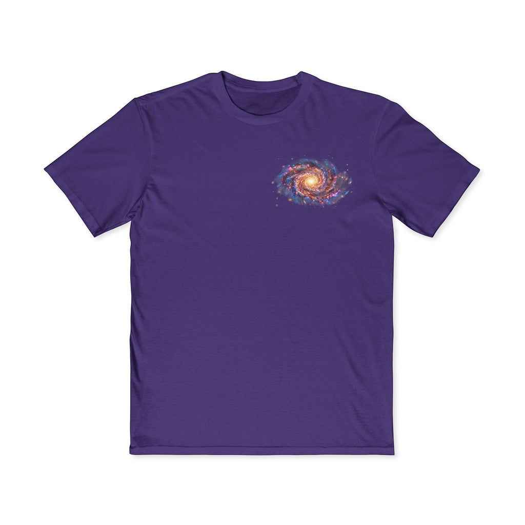 Chromatic purple cotton t-shirt featuring a small, colorful spiral galaxy graphic on the left chest.