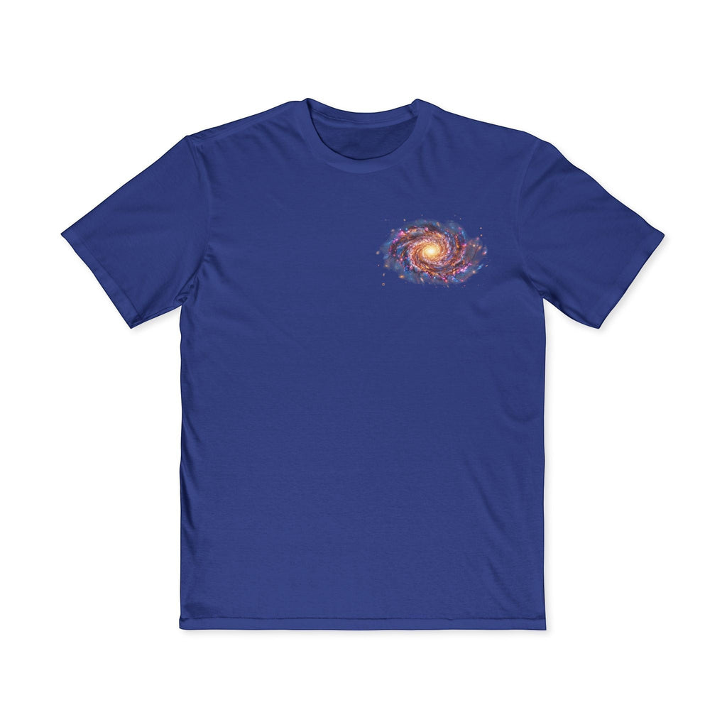 Chromatic navy blue cotton t-shirt featuring a small, colorful spiral galaxy graphic on the left chest.