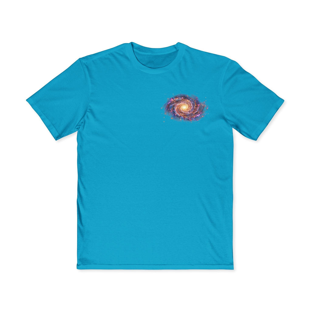 Chromatic bright blue cotton t-shirt featuring a small, colorful spiral galaxy graphic on the left chest.