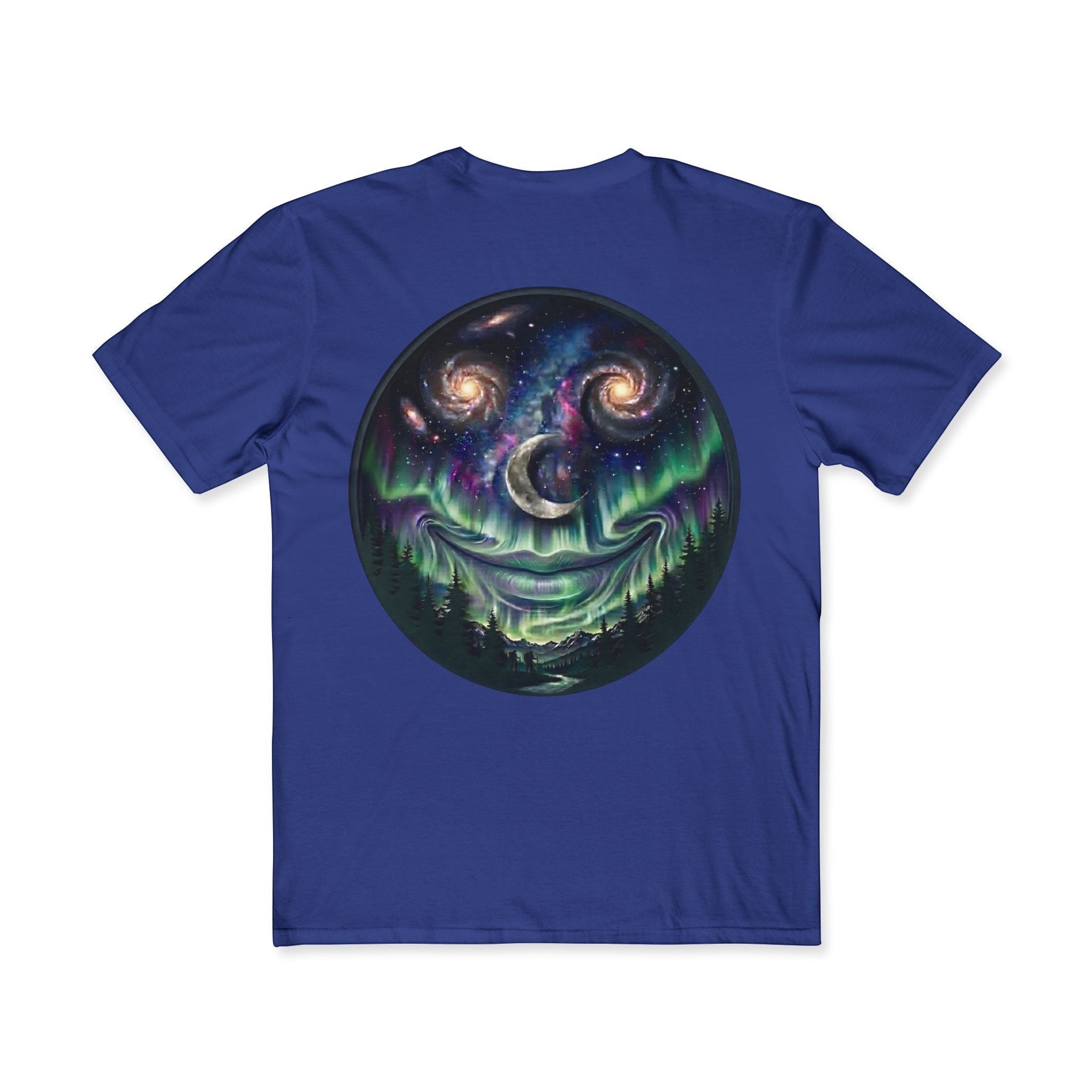 Chromatic blue cotton t-shirt featuring a circular graphic of a smiling galaxy, crescent moon, and northern lights.