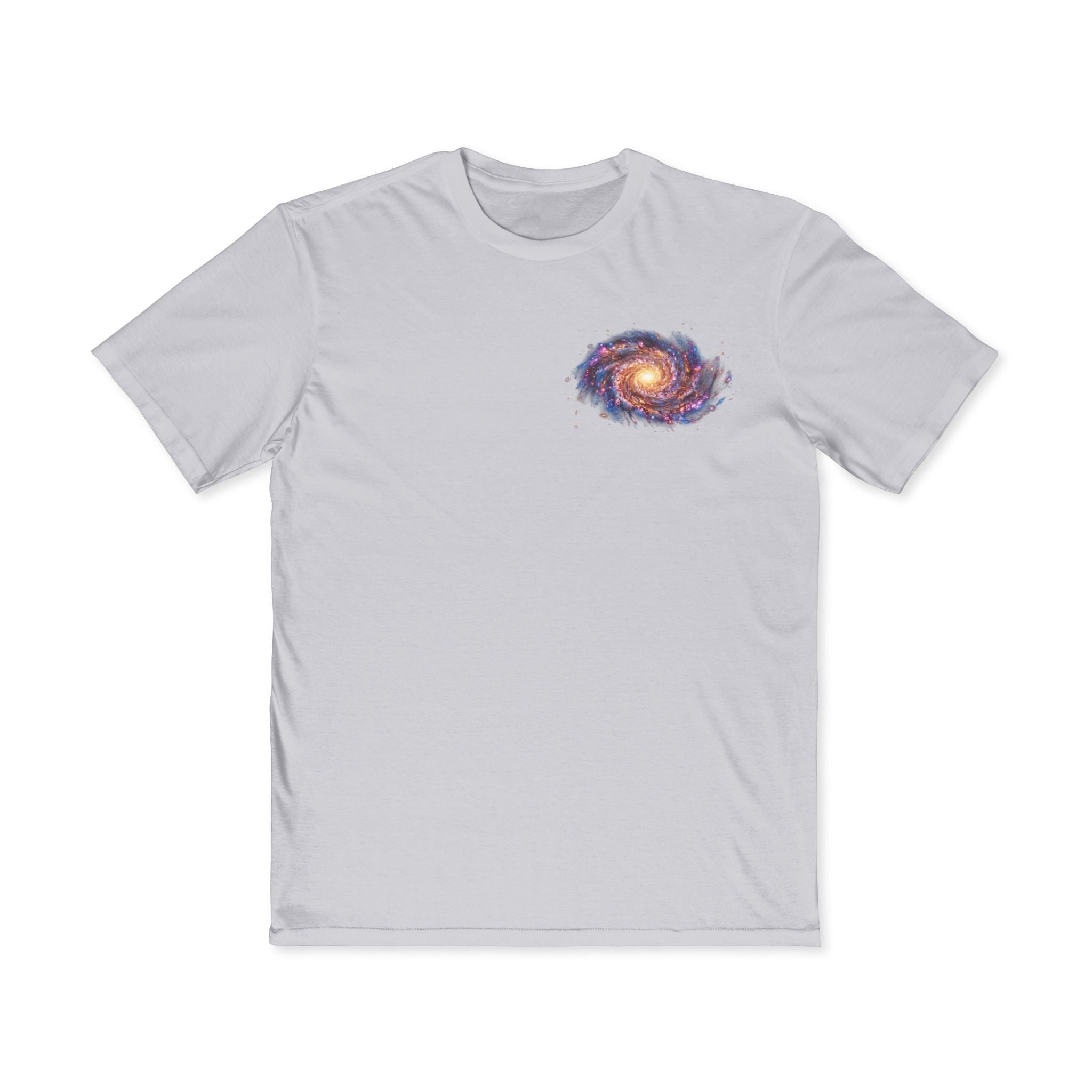 Chromatic light grey cotton t-shirt featuring a small, vibrant spiral galaxy graphic on the left chest.