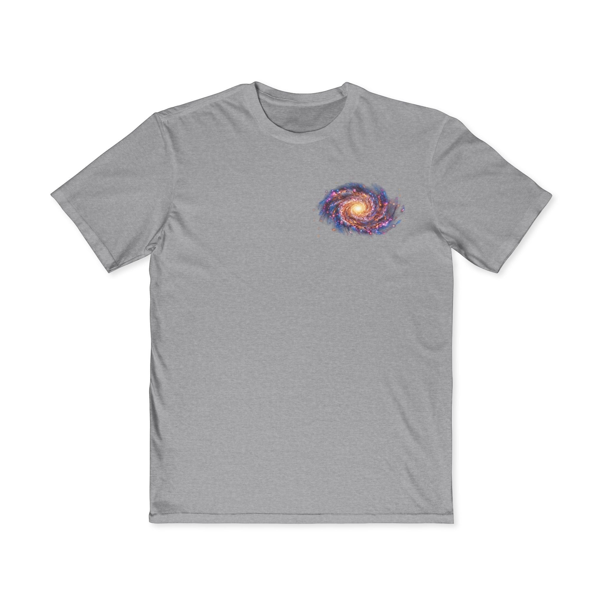 Chromatic grey cotton t-shirt featuring a small, vibrant spiral galaxy graphic on the left chest.