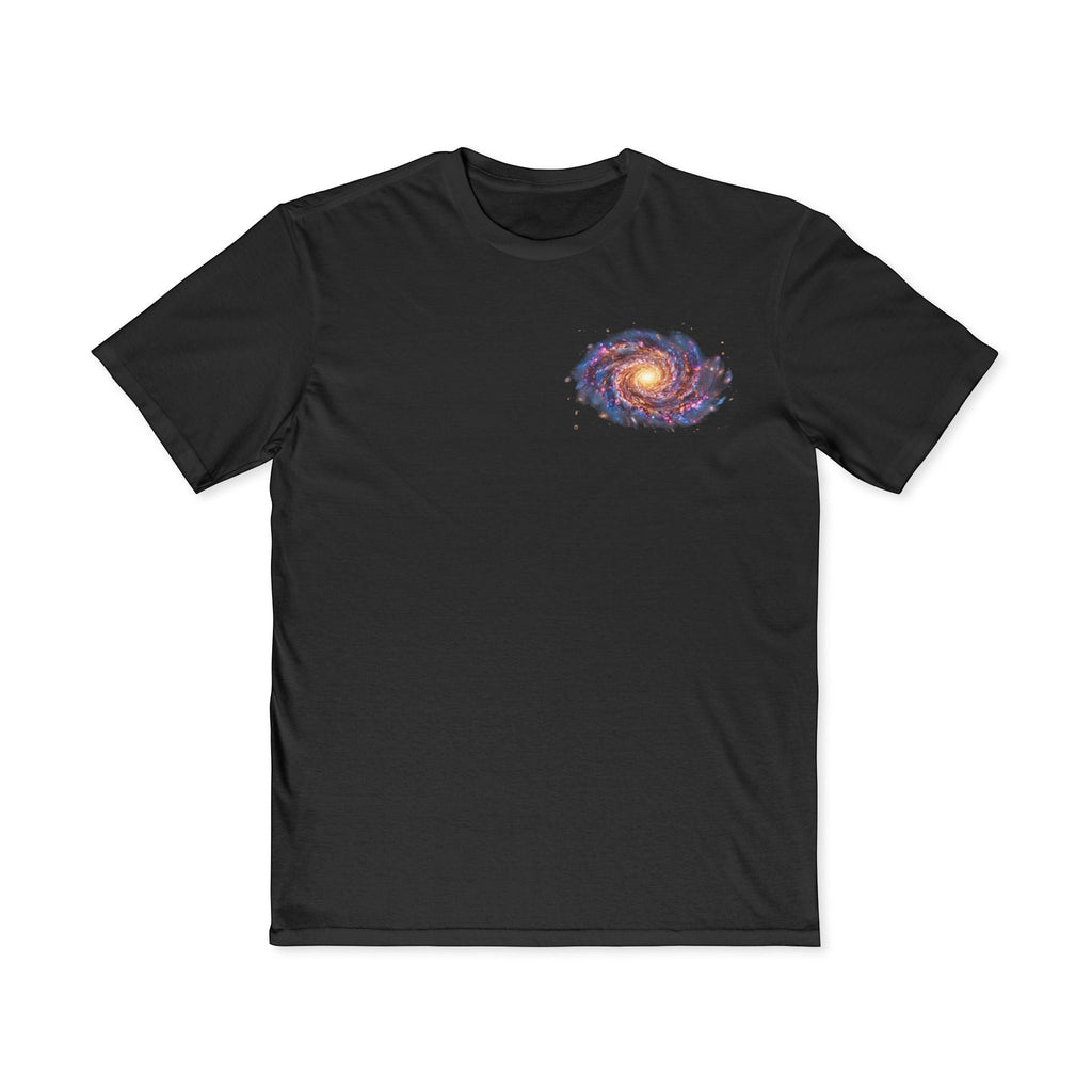Chromatic black cotton t-shirt featuring a small, vibrant spiral galaxy graphic on the left chest.