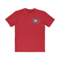 Chromatic red cotton t-shirt featuring a small, colorful spiral galaxy graphic on the left chest.