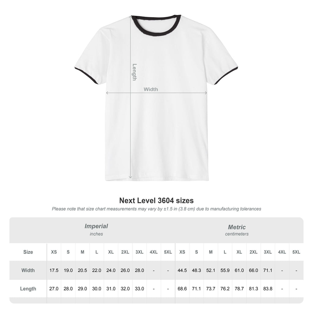 Chromatic white ringer t-shirt with black collar and sleeve trim, featuring a size guide measurement diagram.