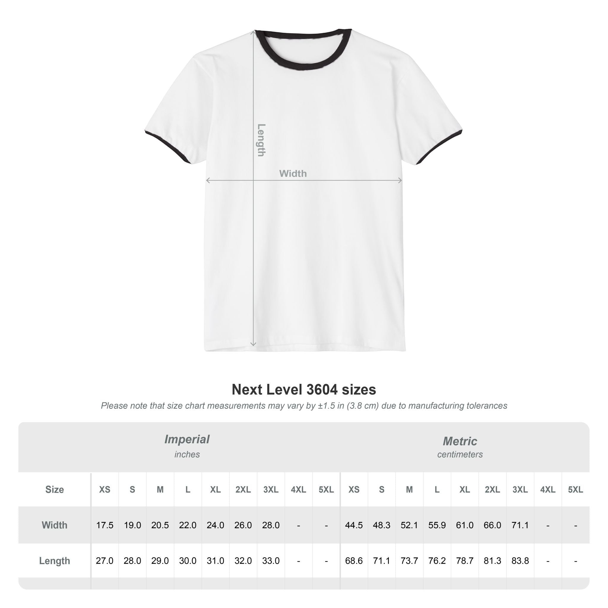Chromatic white ringer t-shirt with black collar and sleeve trim, featuring a size guide measurement diagram.