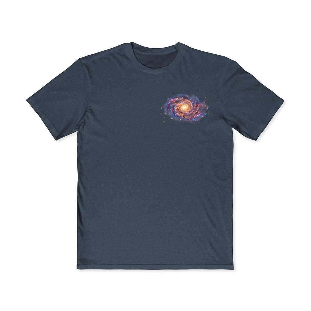 Chromatic Universe Smile Tee in dark heather blue cotton with a small spiral galaxy graphic on the chest.
