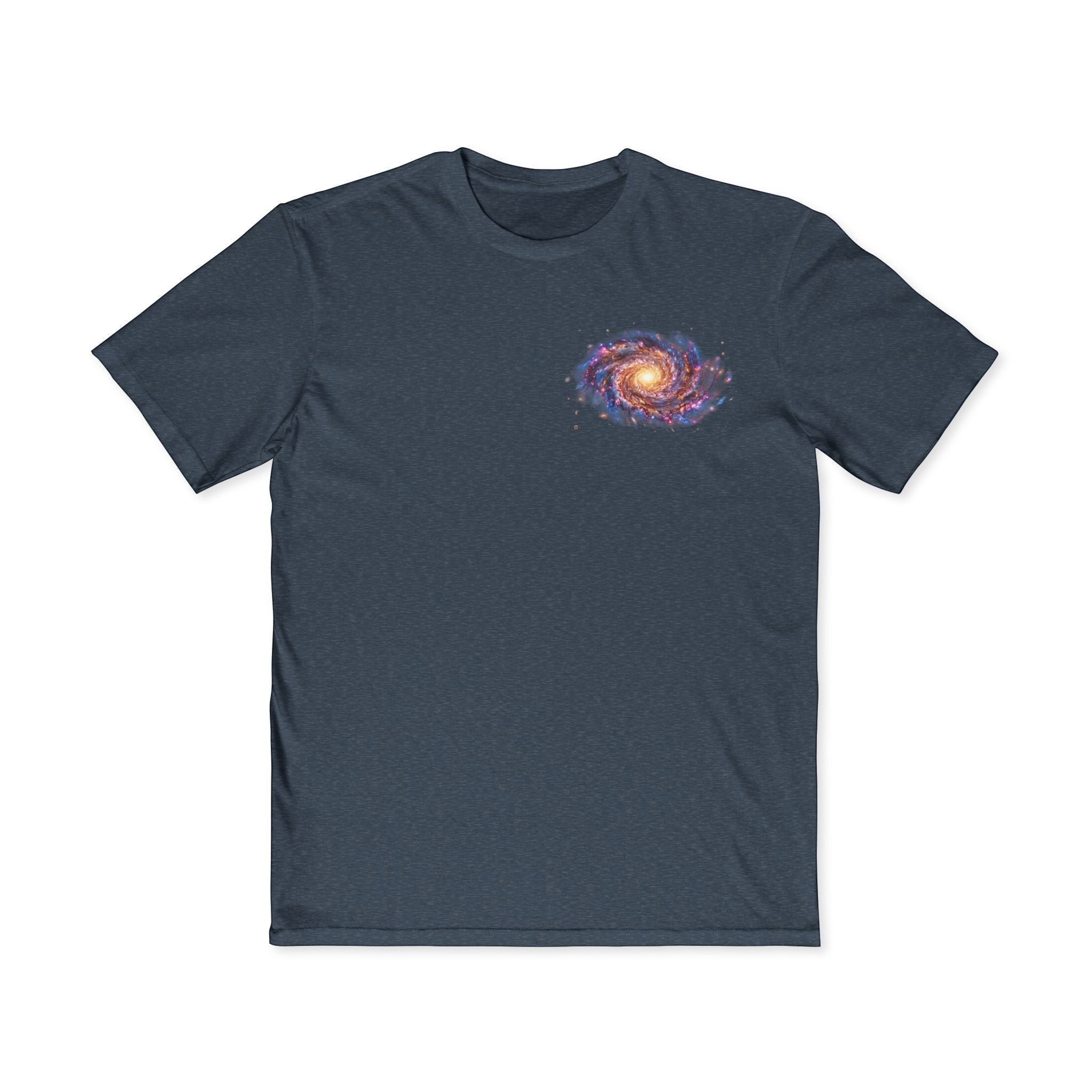 Chromatic Universe Smile Tee in dark heather blue cotton with a small spiral galaxy graphic on the chest.