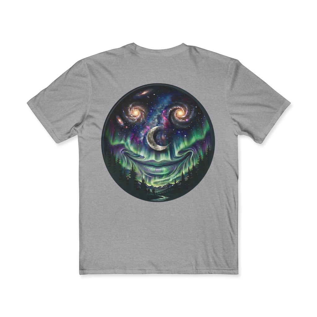 Chromatic grey cotton t-shirt featuring a circular graphic of a smiling galaxy, crescent moon, and northern lights.