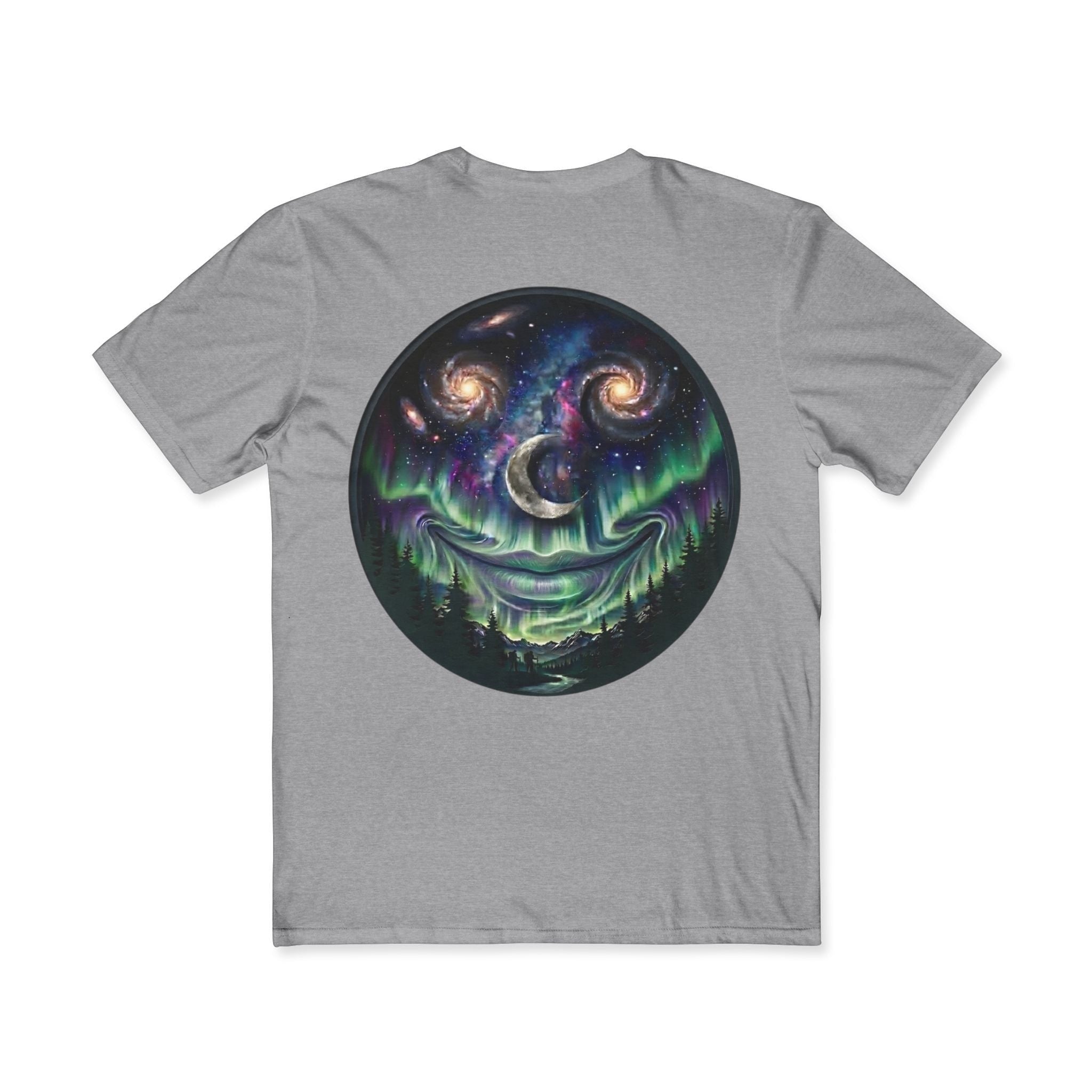 Chromatic grey cotton t-shirt featuring a circular graphic of a smiling galaxy, crescent moon, and northern lights.