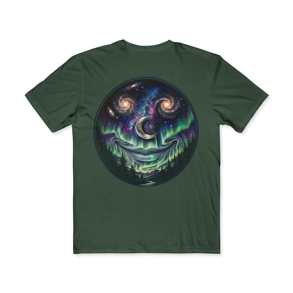 Chromatic dark green cotton t-shirt featuring a circular graphic of a smiling galaxy, crescent moon, and aurora.