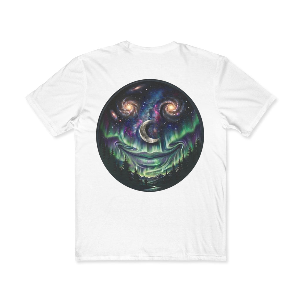 Chromatic white cotton t-shirt featuring a circular graphic of a smiling galaxy face with northern lights and moon.