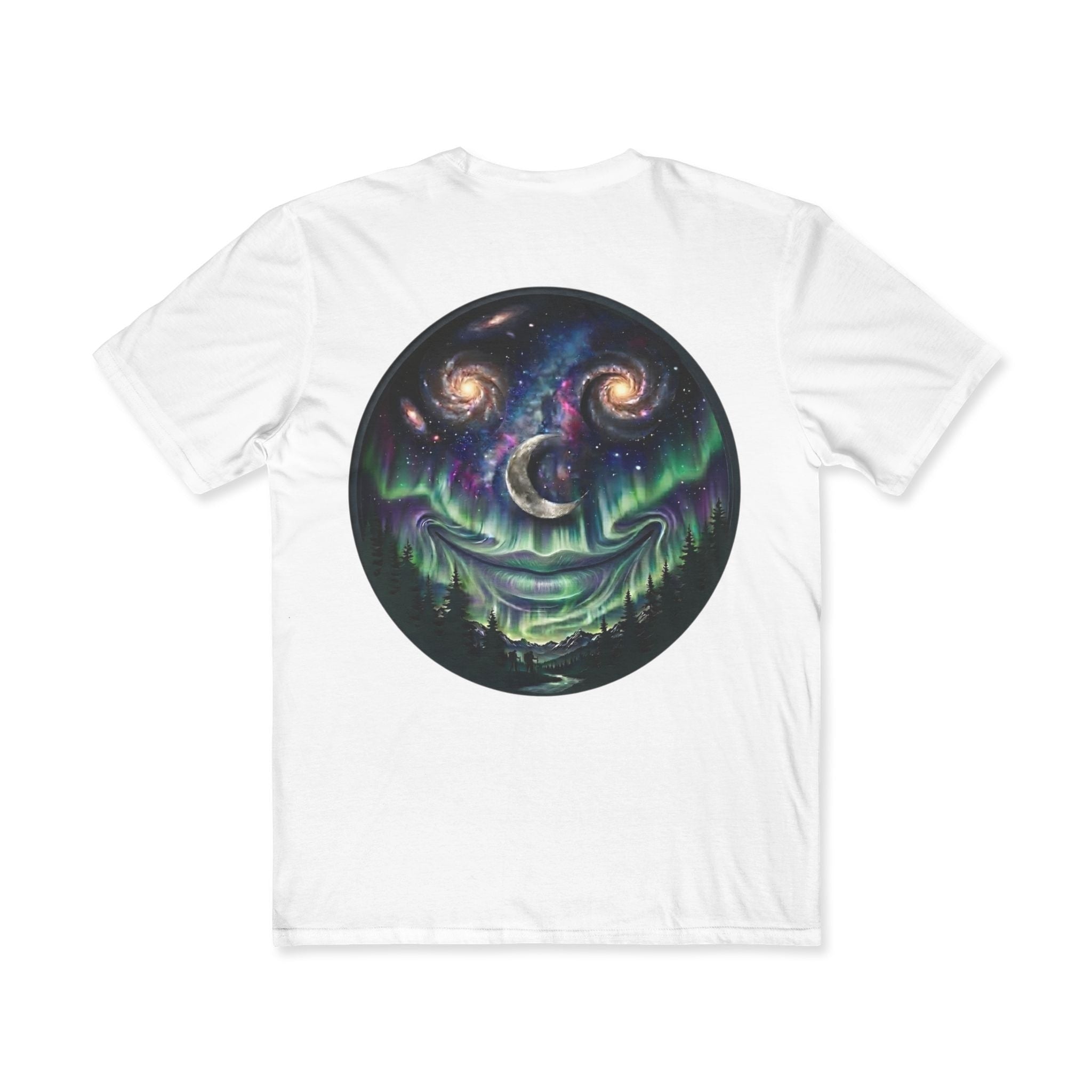 Chromatic white cotton t-shirt featuring a circular graphic of a smiling galaxy face with northern lights and moon.