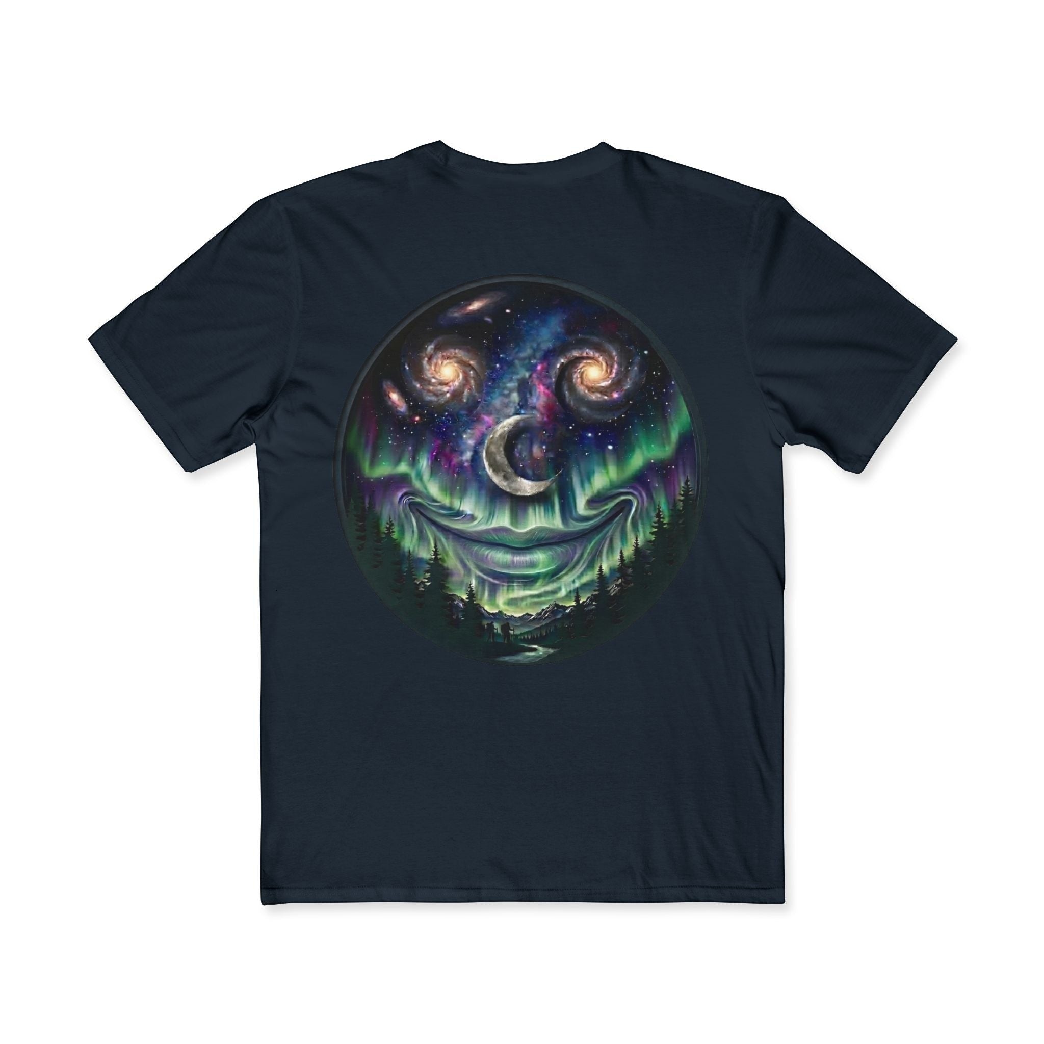 Chromatic navy blue cotton t-shirt featuring a circular graphic of a smiling galaxy, crescent moon, and aurora borealis
