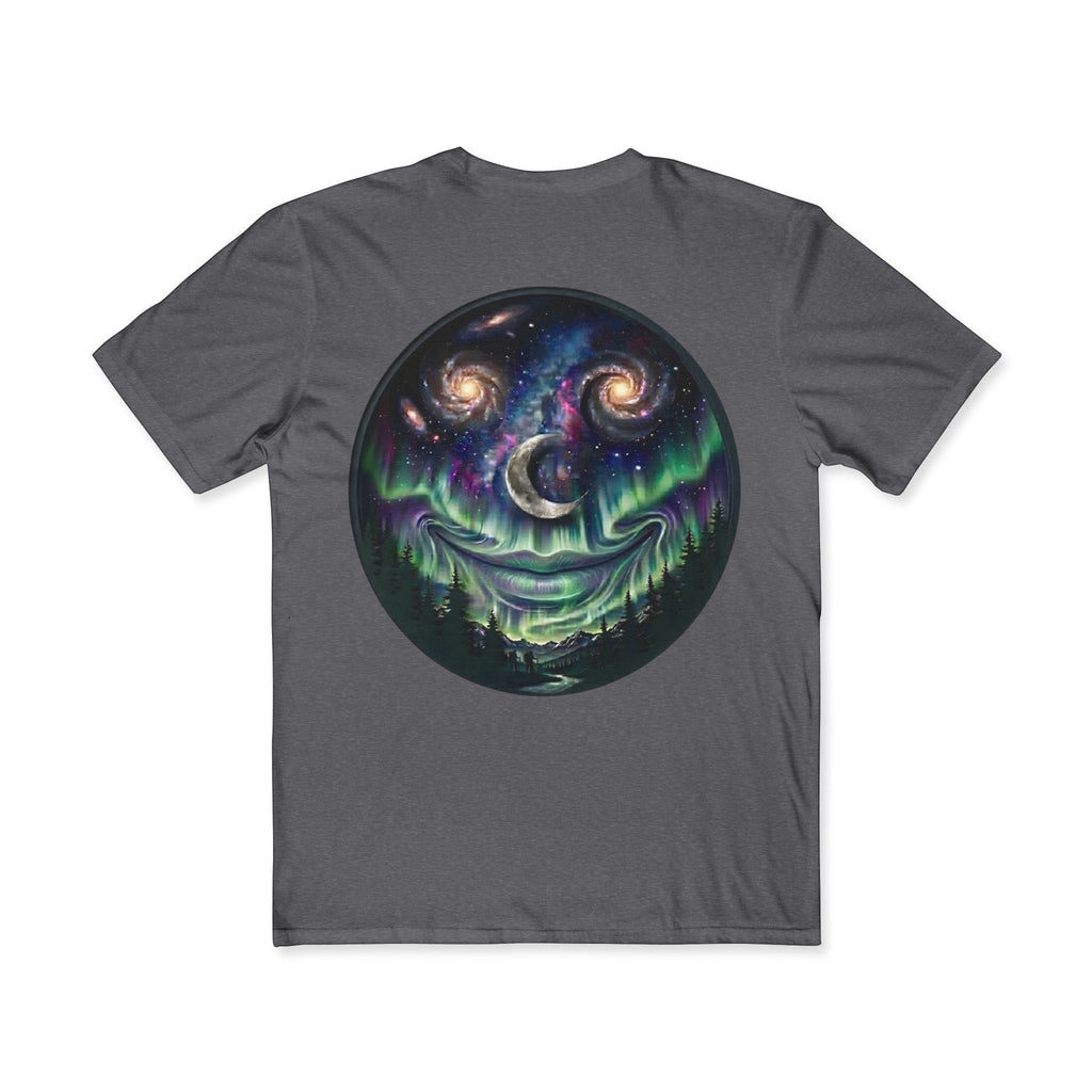 Chromatic charcoal grey cotton hiking t-shirt featuring a circular graphic of a smiling galaxy, moon, and aurora.